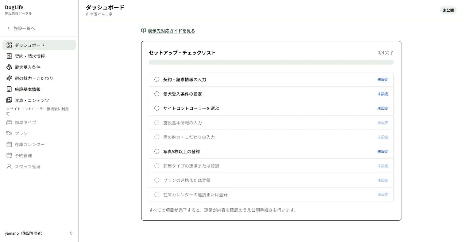 掲載開始までに必要な項目を上から順に並べたセットアップ・チェックリスト